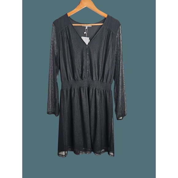 Danielrainn Black V Neck Polka Dot Sheer Long Sleeve Dress Women Large - Picture 2 of 11